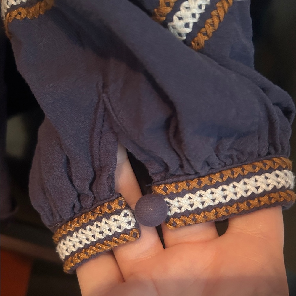 Bohemian Embroidered Women's Top - Navy and Cream with snap closure and two ties - Picture 3 of 10